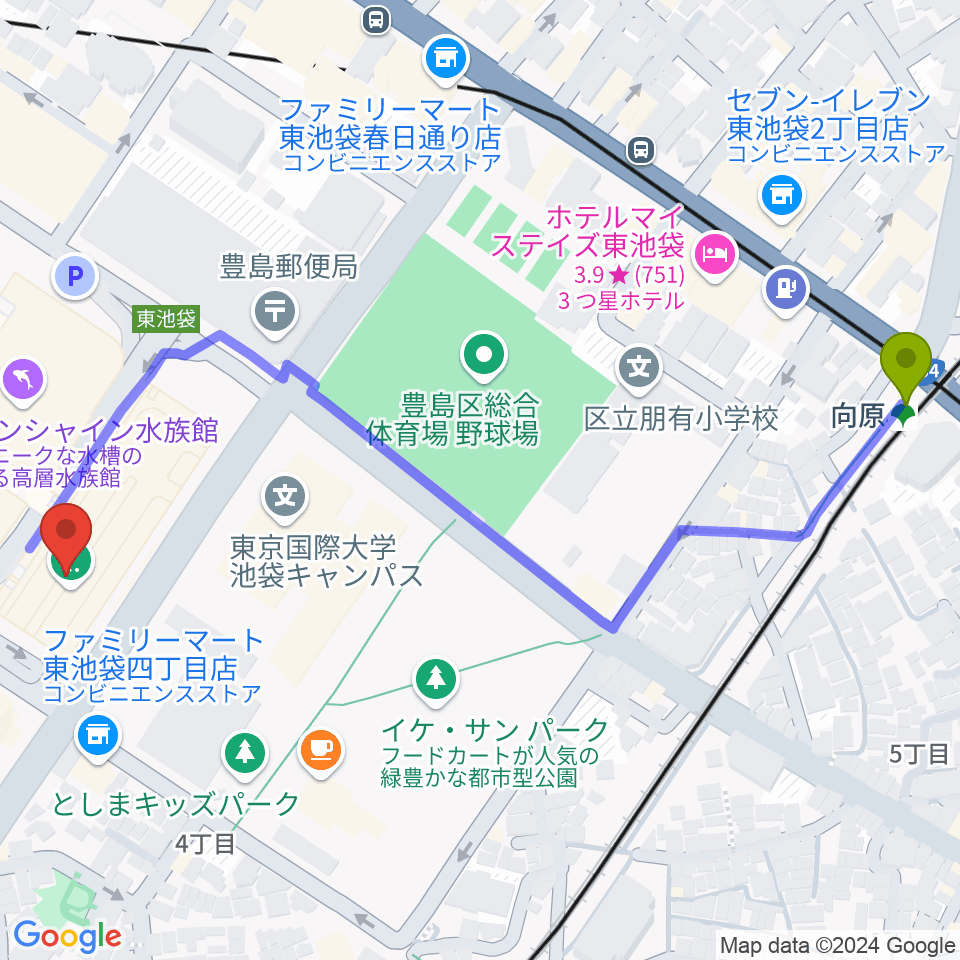 向原駅からサンシャイン劇場へのルートマップ地図