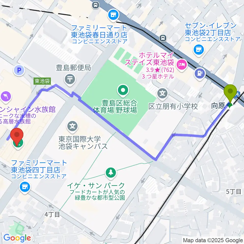 向原駅からサンシャイン劇場へのルートマップ地図