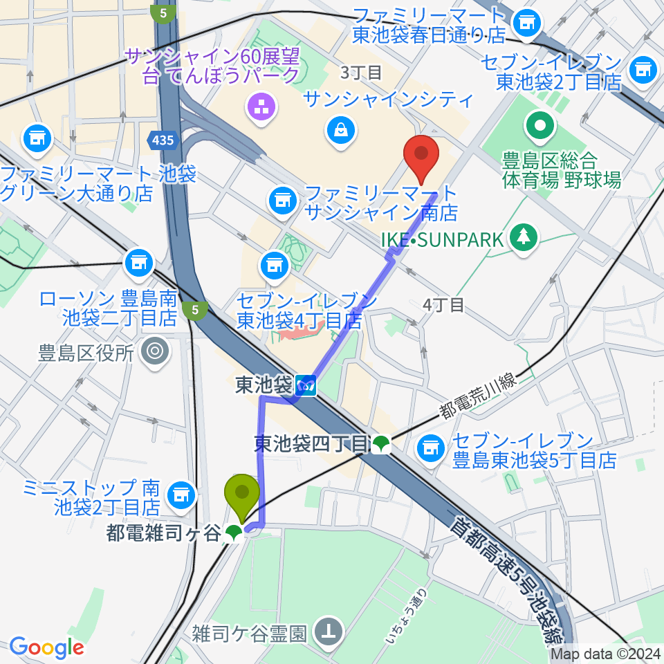 都電雑司ヶ谷駅からサンシャイン劇場へのルートマップ地図