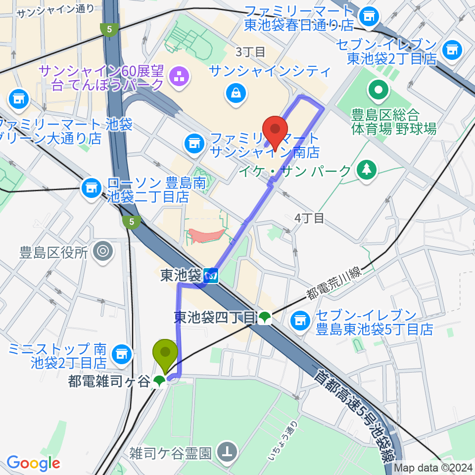 都電雑司ヶ谷駅からサンシャイン劇場へのルートマップ地図