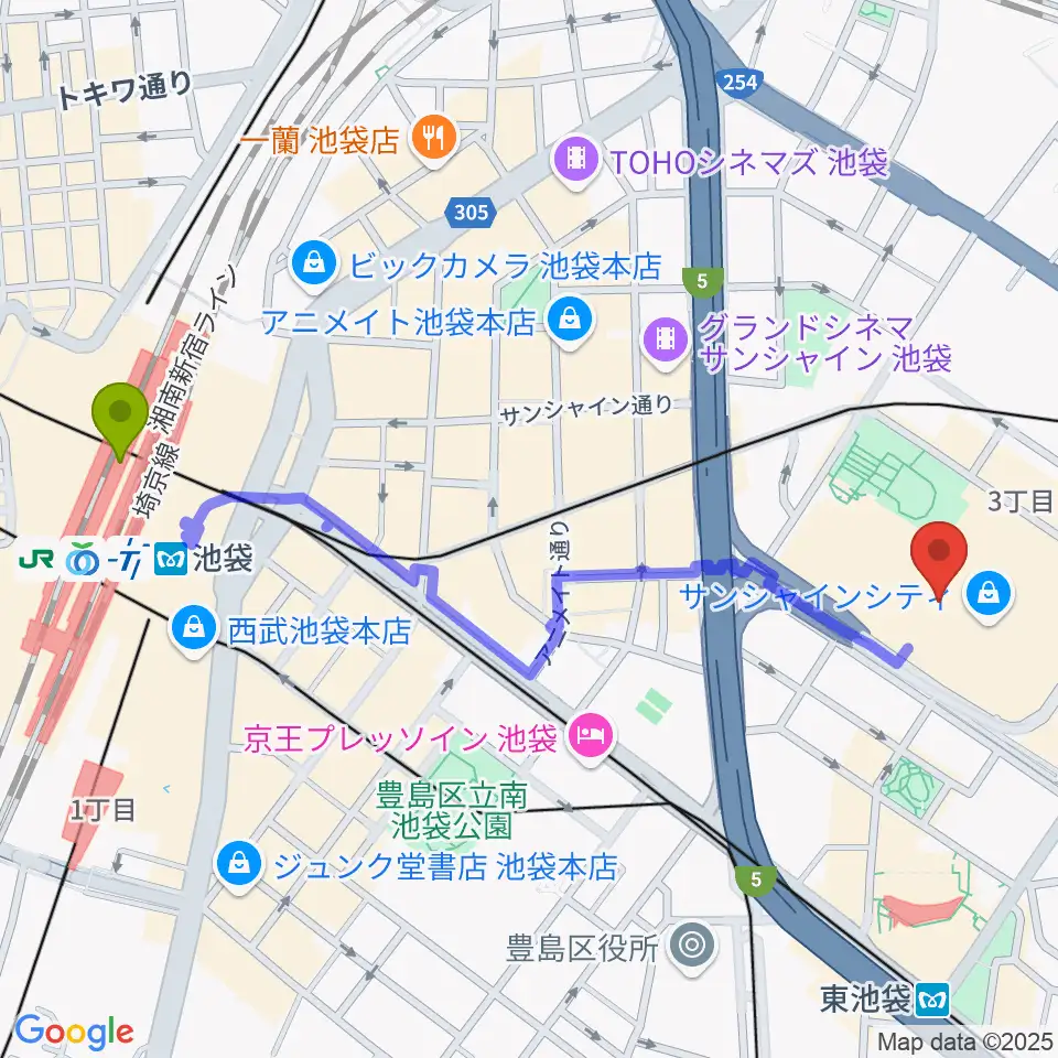 池袋駅からサンシャインシティ噴水広場へのルートマップ地図