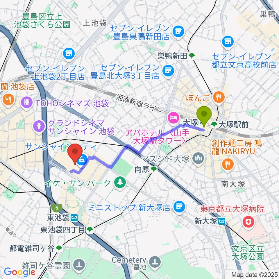 大塚駅からサンシャインシティ噴水広場へのルートマップ地図