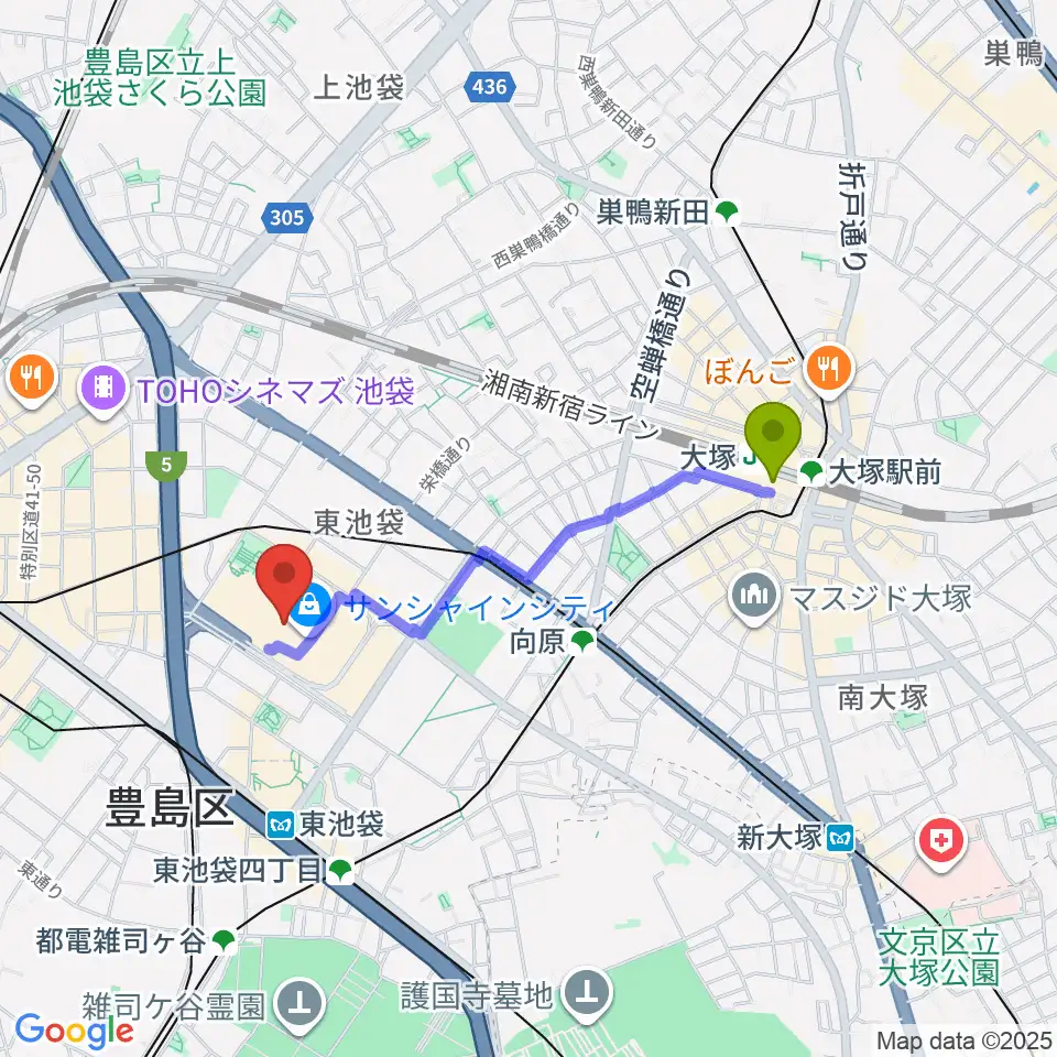 大塚駅からサンシャインシティ噴水広場へのルートマップ地図