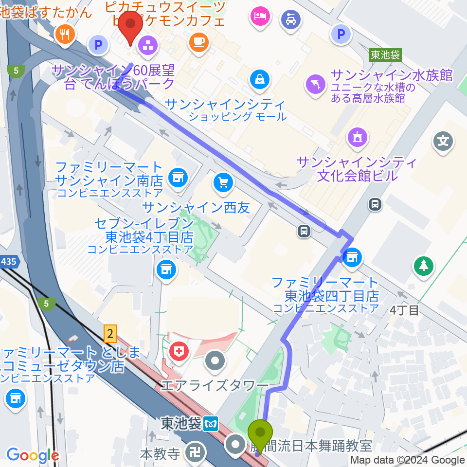 サンシャインシティ 展示ホールの最寄駅東池袋駅からの徒歩ルート（約7分）地図