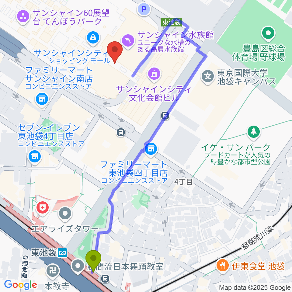 サンシャインシティ 展示ホールの最寄駅東池袋駅からの徒歩ルート（約6分）地図