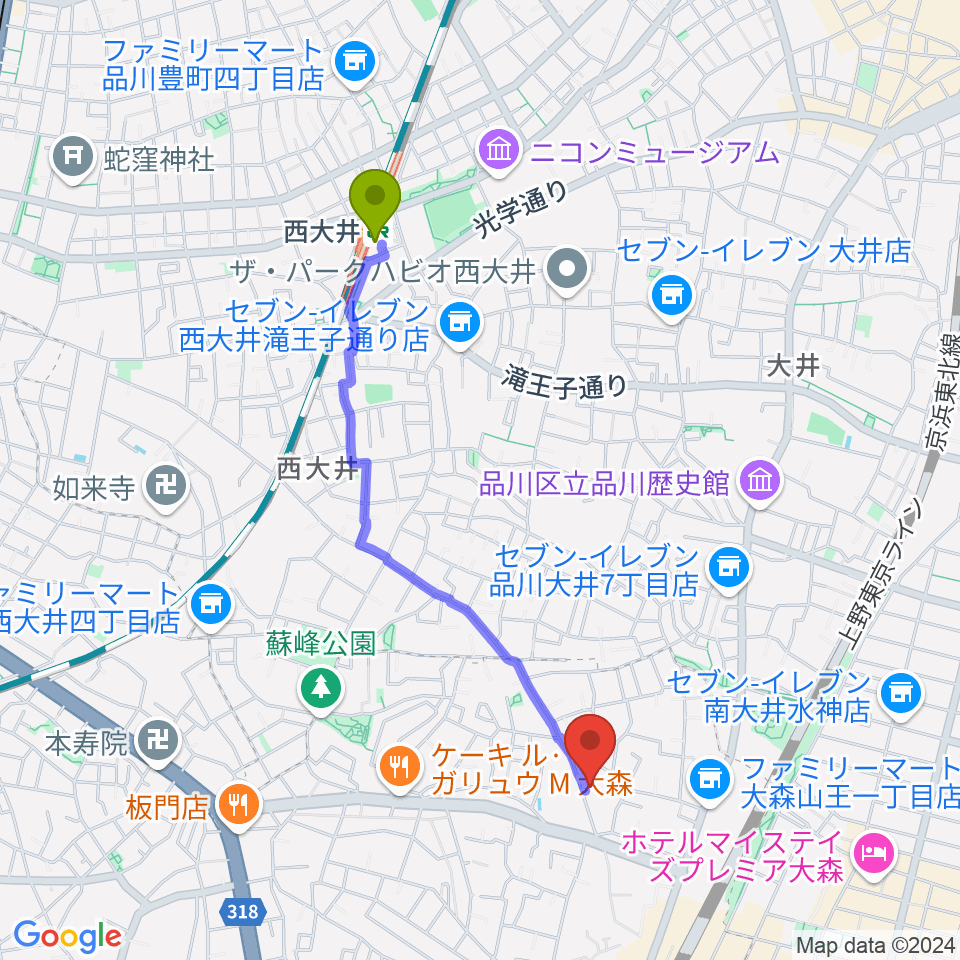 西大井駅から山王フォレスト大森シアターへのルートマップ地図