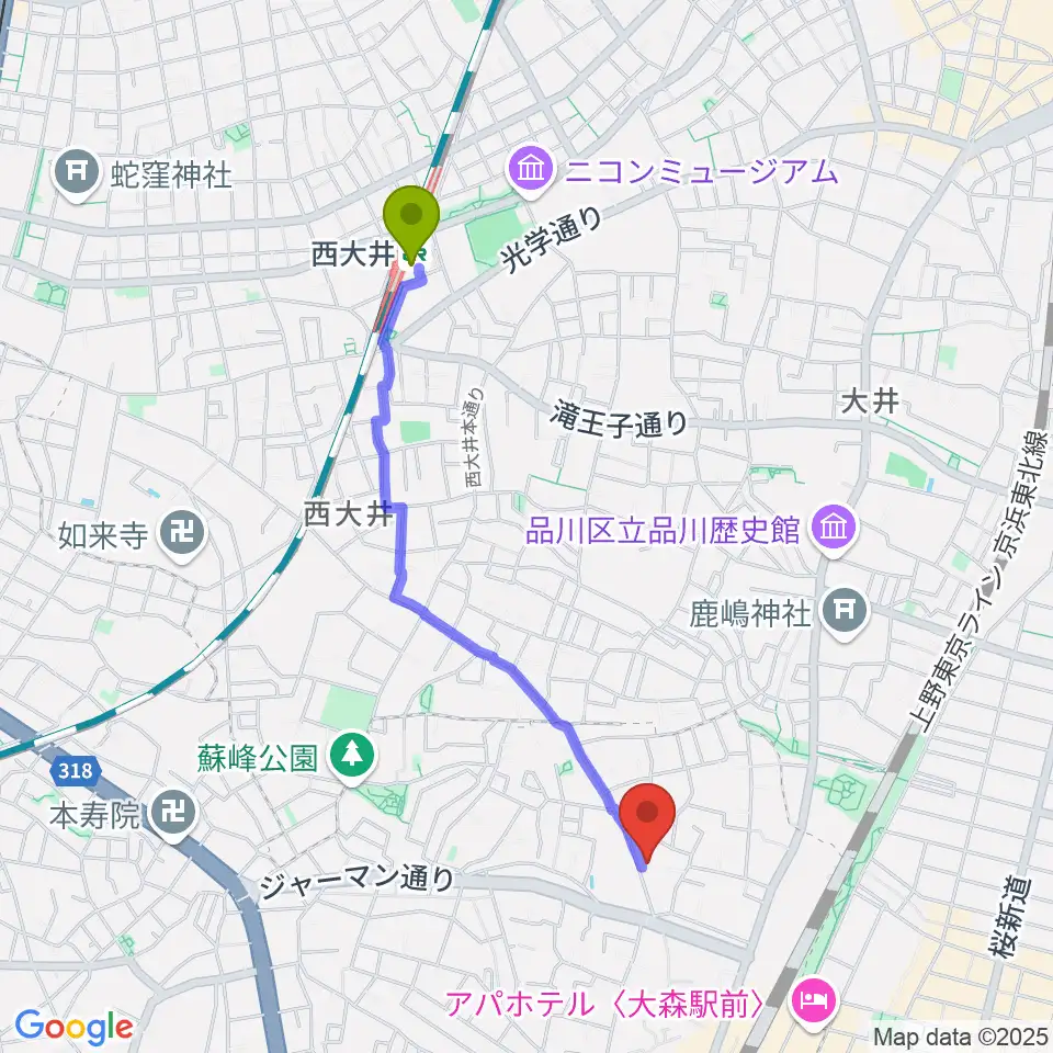 西大井駅から山王フォレスト大森シアターへのルートマップ地図
