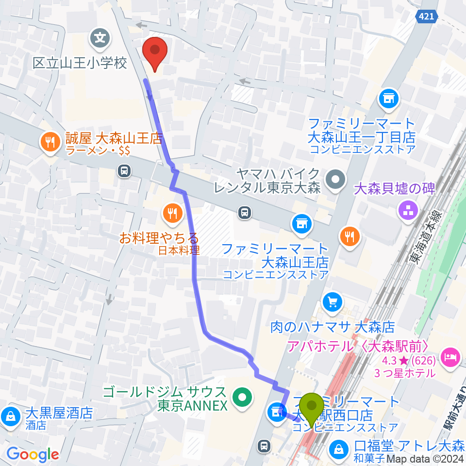 山王フォレスト大森シアターの最寄駅大森駅からの徒歩ルート（約6分）地図