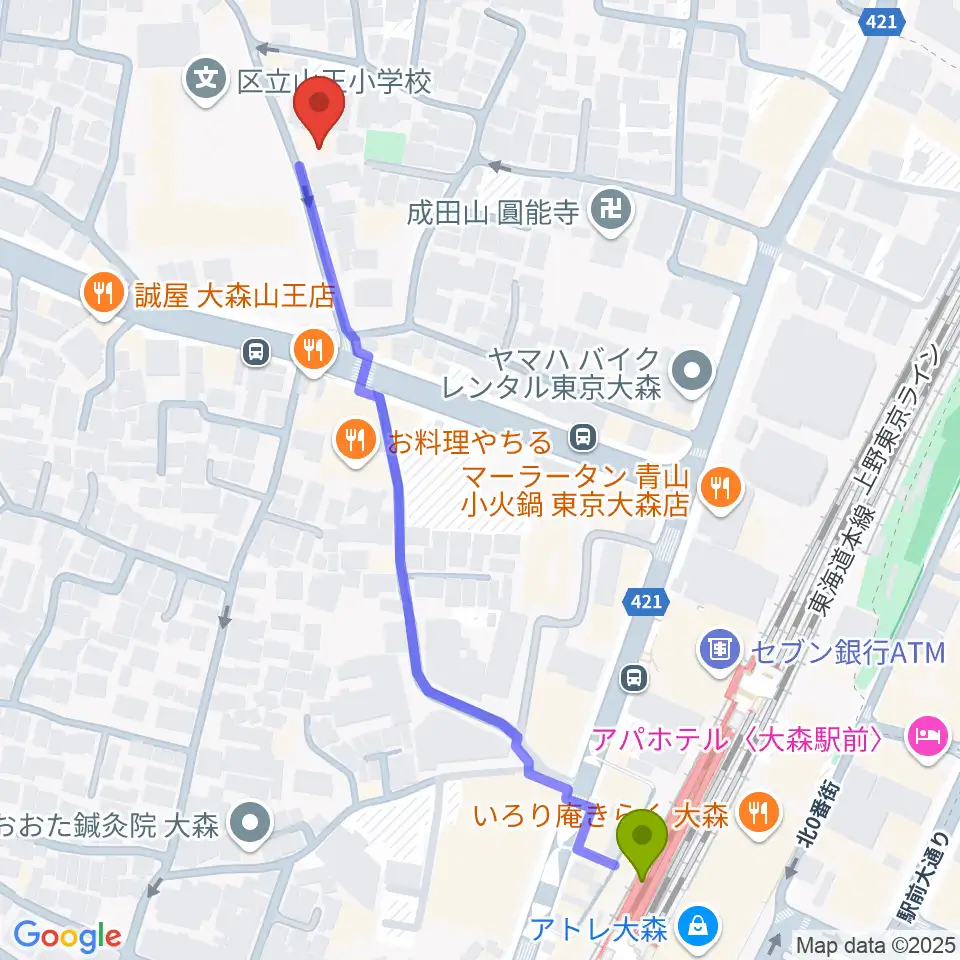 山王フォレスト大森シアターの最寄駅大森駅からの徒歩ルート（約6分）地図