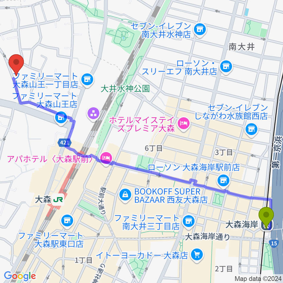 大森海岸駅から山王フォレスト大森シアターへのルートマップ地図