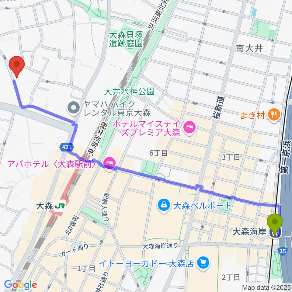 大森海岸駅から山王フォレスト大森シアターへのルートマップ地図