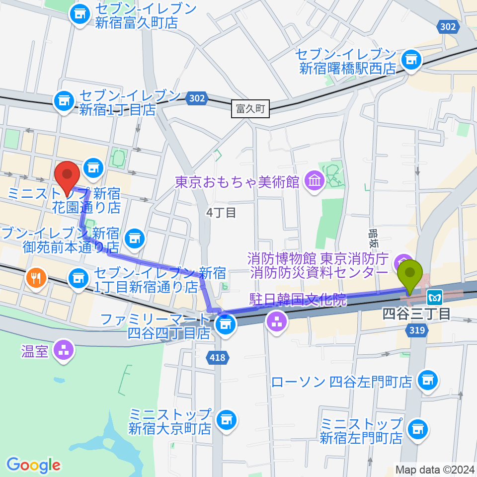 四谷三丁目駅からサンモールスタジオへのルートマップ地図