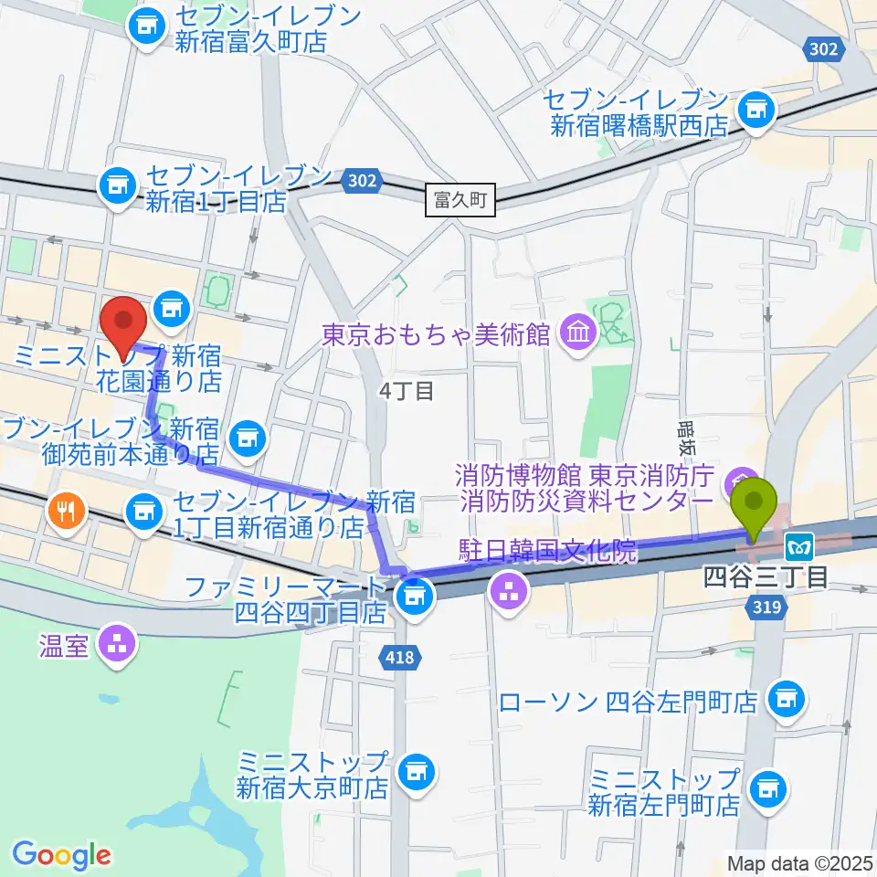 四谷三丁目駅からサンモールスタジオへのルートマップ地図