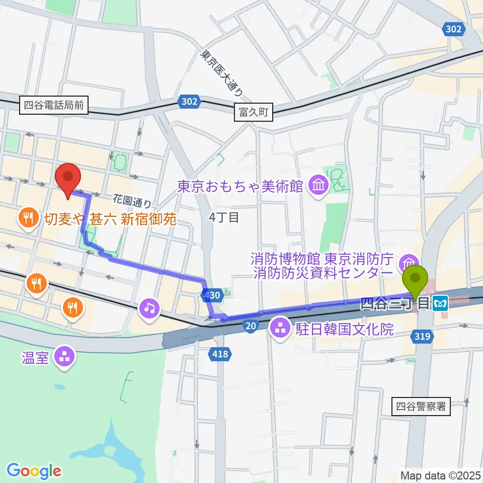 四谷三丁目駅からサンモールスタジオへのルートマップ地図