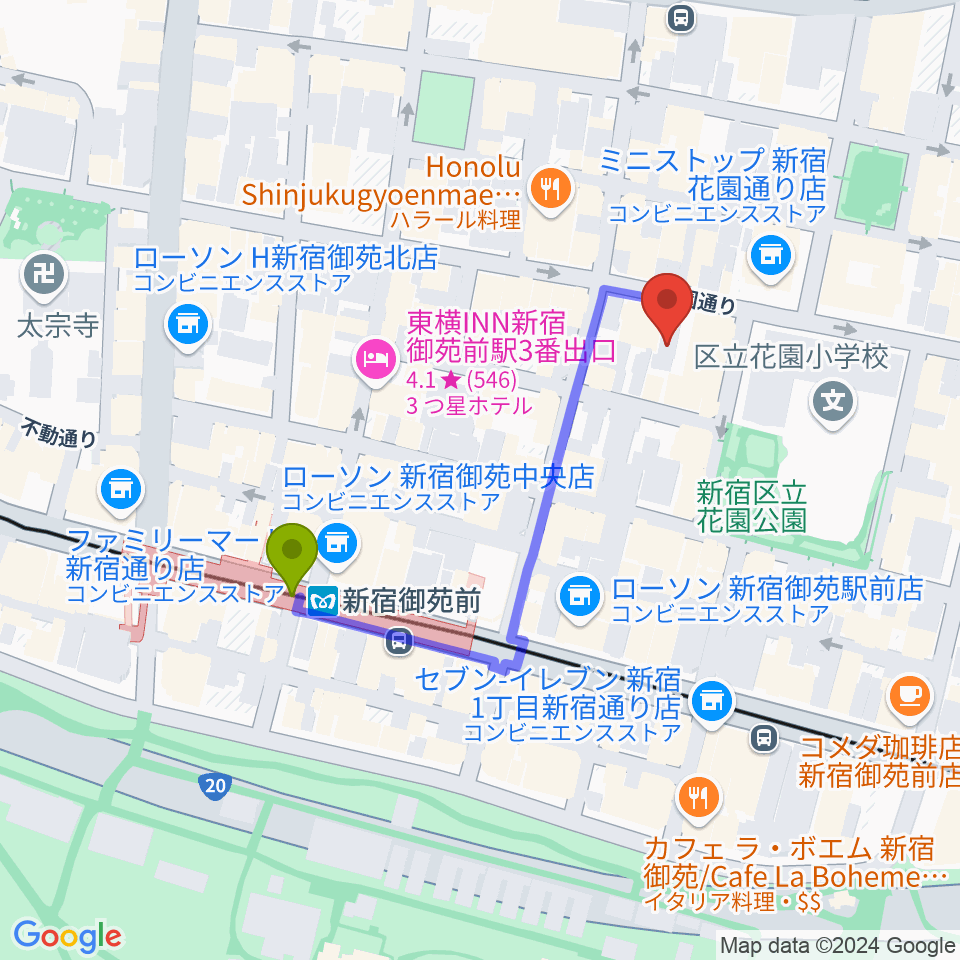 サンモールスタジオの最寄駅新宿御苑前駅からの徒歩ルート（約4分）地図