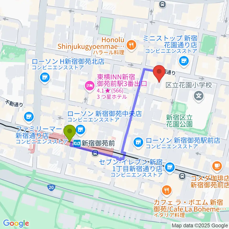 サンモールスタジオの最寄駅新宿御苑前駅からの徒歩ルート（約4分）地図