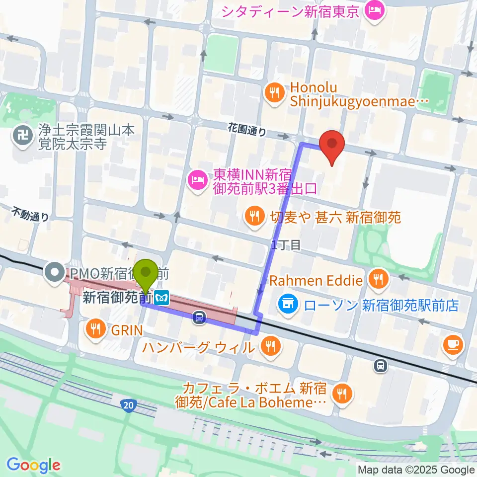 サンモールスタジオの最寄駅新宿御苑前駅からの徒歩ルート（約4分）地図
