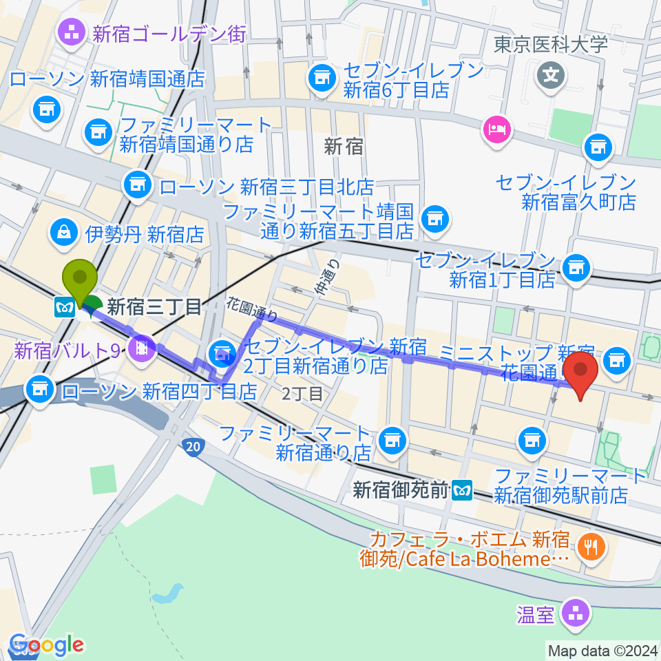 新宿三丁目駅からサンモールスタジオへのルートマップ地図