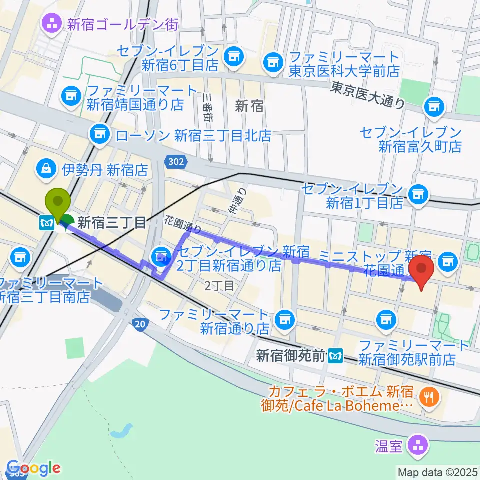 新宿三丁目駅からサンモールスタジオへのルートマップ地図