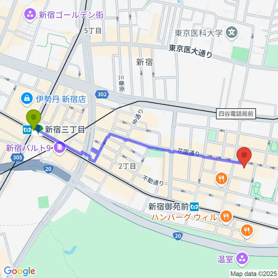 新宿三丁目駅からサンモールスタジオへのルートマップ地図