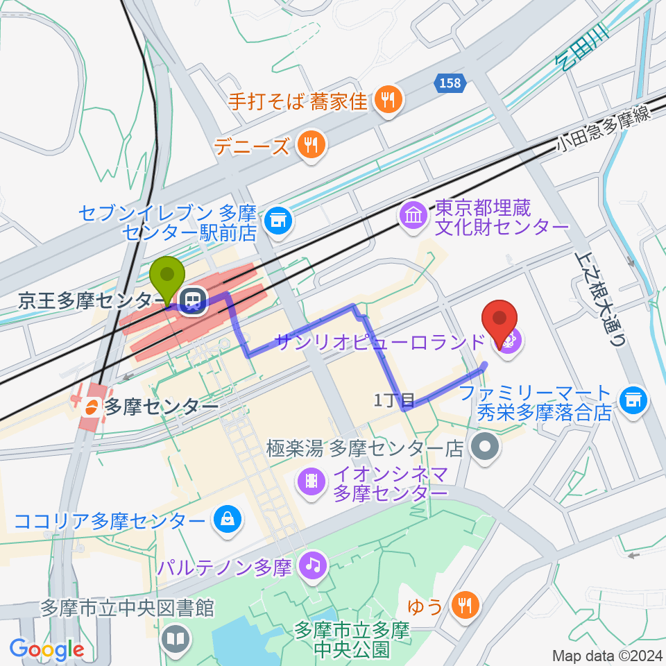 サンリオピューロランドの最寄駅京王多摩センター駅からの徒歩ルート（約8分）地図