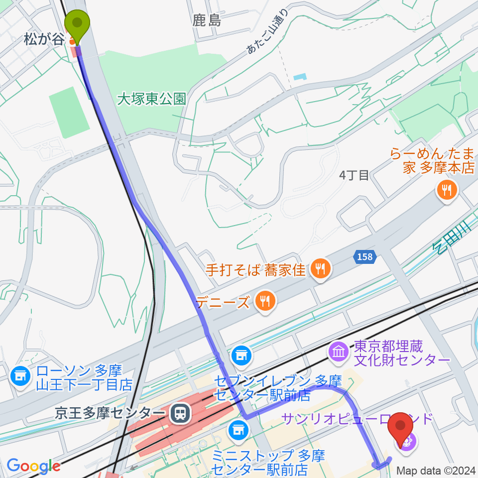 松が谷駅からサンリオピューロランドへのルートマップ地図