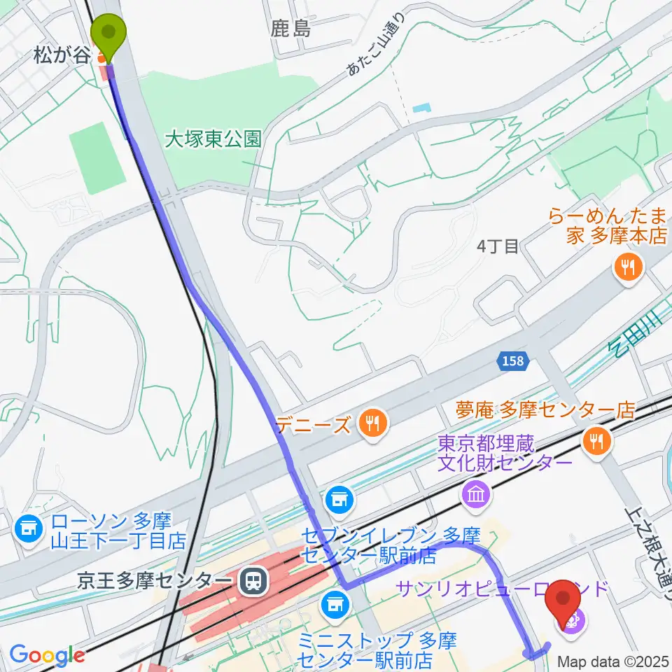 松が谷駅からサンリオピューロランドへのルートマップ地図