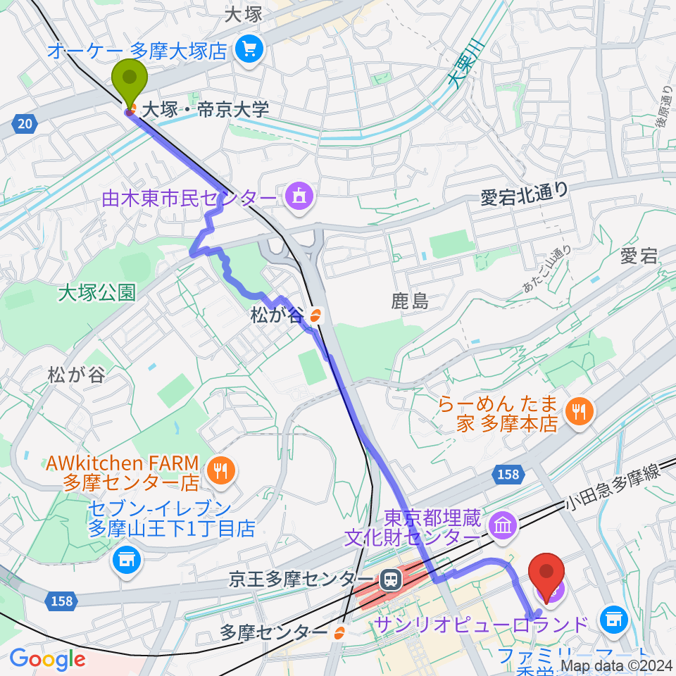 大塚・帝京大学駅からサンリオピューロランドへのルートマップ地図