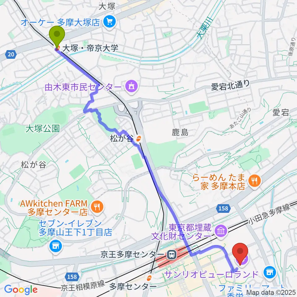 大塚・帝京大学駅からサンリオピューロランドへのルートマップ地図