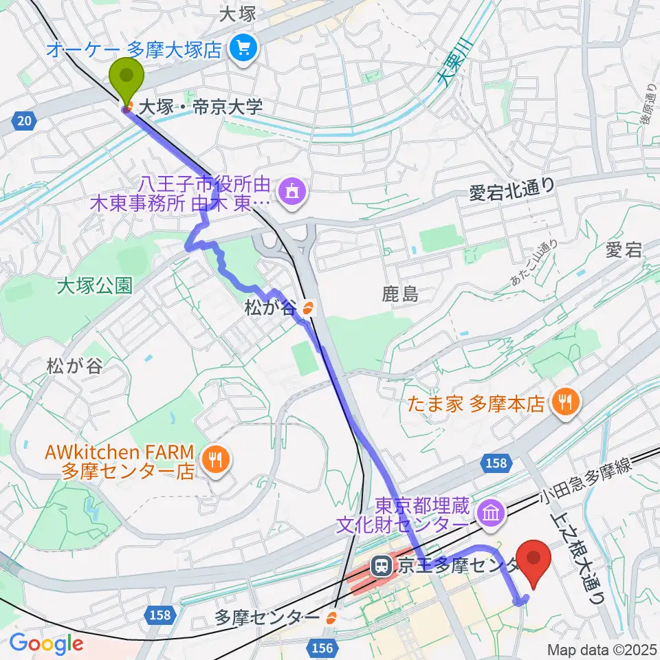 大塚・帝京大学駅からサンリオピューロランドへのルートマップ地図