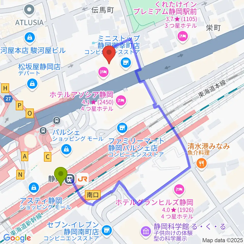 サールナートホールの最寄駅静岡駅からの徒歩ルート（約4分）地図