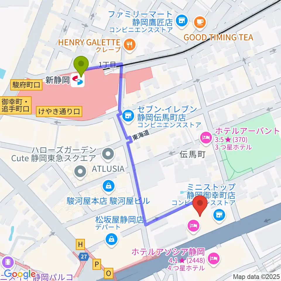 新静岡駅からサールナートホールへのルートマップ地図