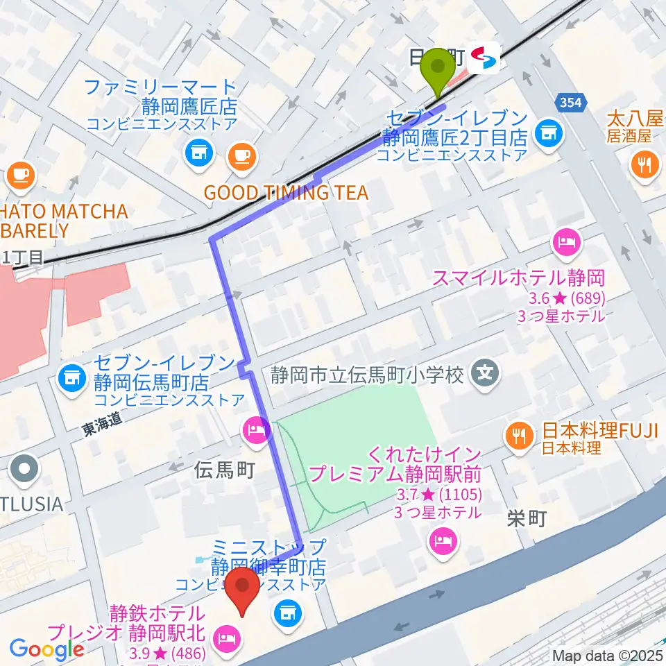 日吉町駅からサールナートホールへのルートマップ地図