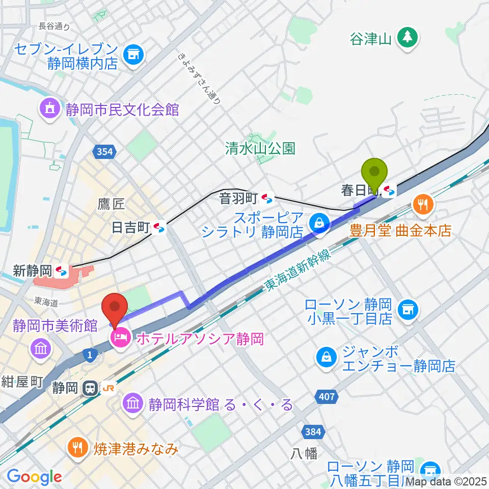 春日町駅からサールナートホールへのルートマップ地図