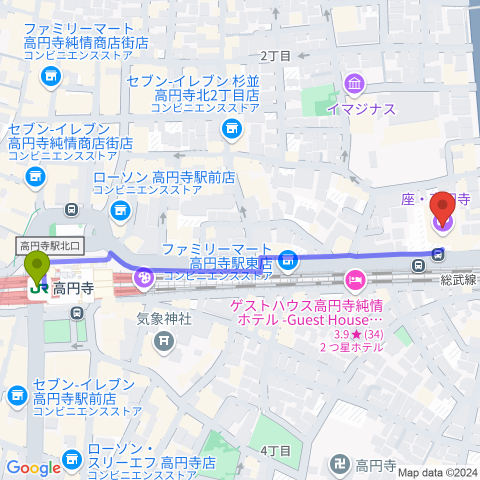 座・高円寺の最寄駅高円寺駅からの徒歩ルート（約7分）地図