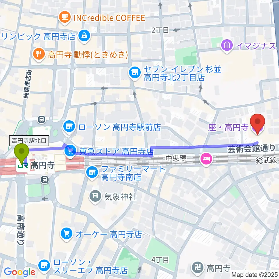 座・高円寺の最寄駅高円寺駅からの徒歩ルート（約7分）地図