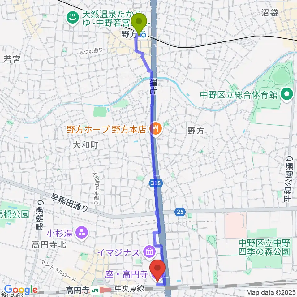 野方駅から座・高円寺へのルートマップ地図