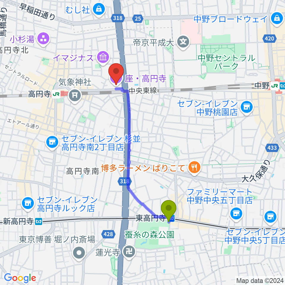 東高円寺駅から座・高円寺へのルートマップ地図