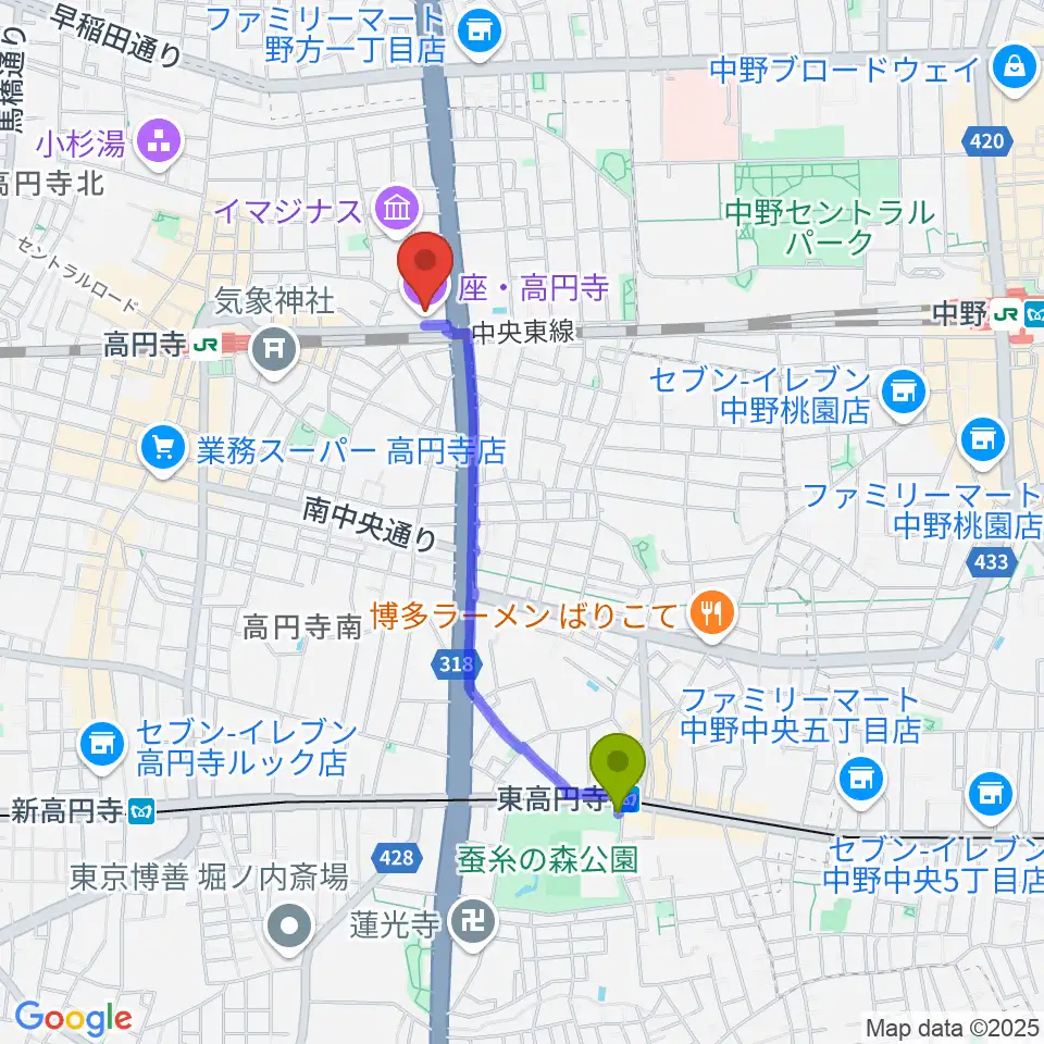 東高円寺駅から座・高円寺へのルートマップ地図