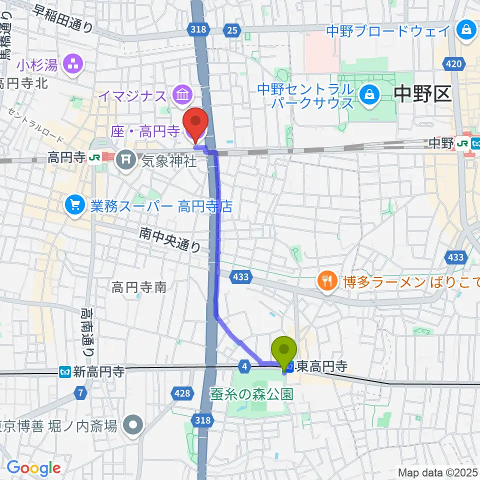 東高円寺駅から座・高円寺へのルートマップ地図