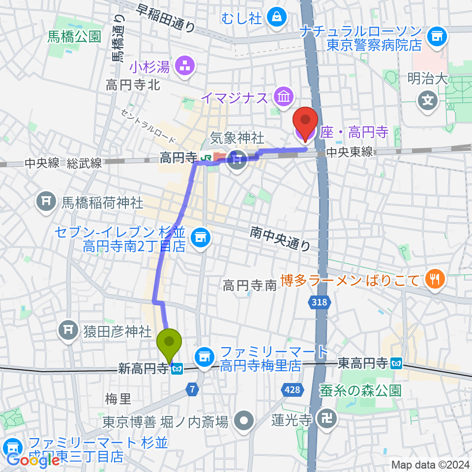 新高円寺駅から座・高円寺へのルートマップ地図