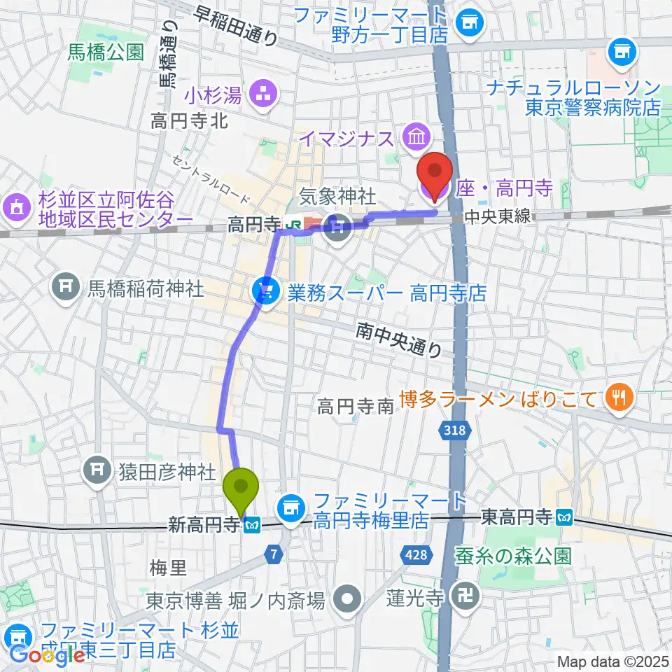 新高円寺駅から座・高円寺へのルートマップ地図