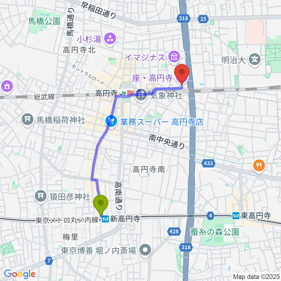 新高円寺駅から座・高円寺へのルートマップ地図