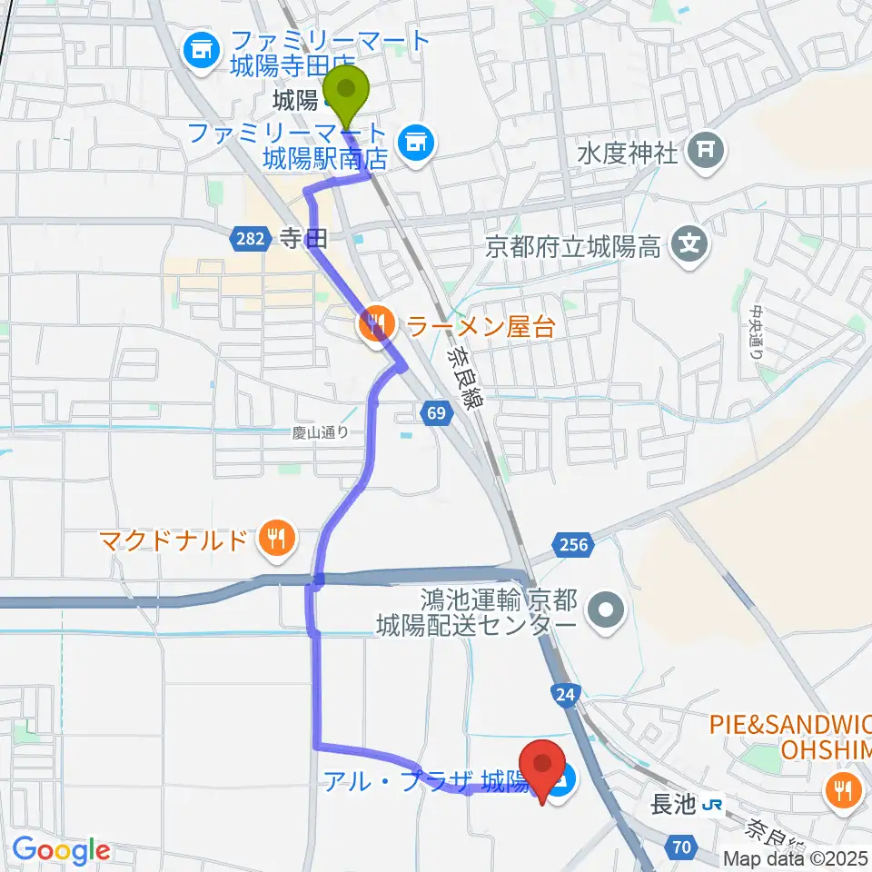 城陽駅からJEUGIA アルプラザ城陽センターへのルートマップ地図