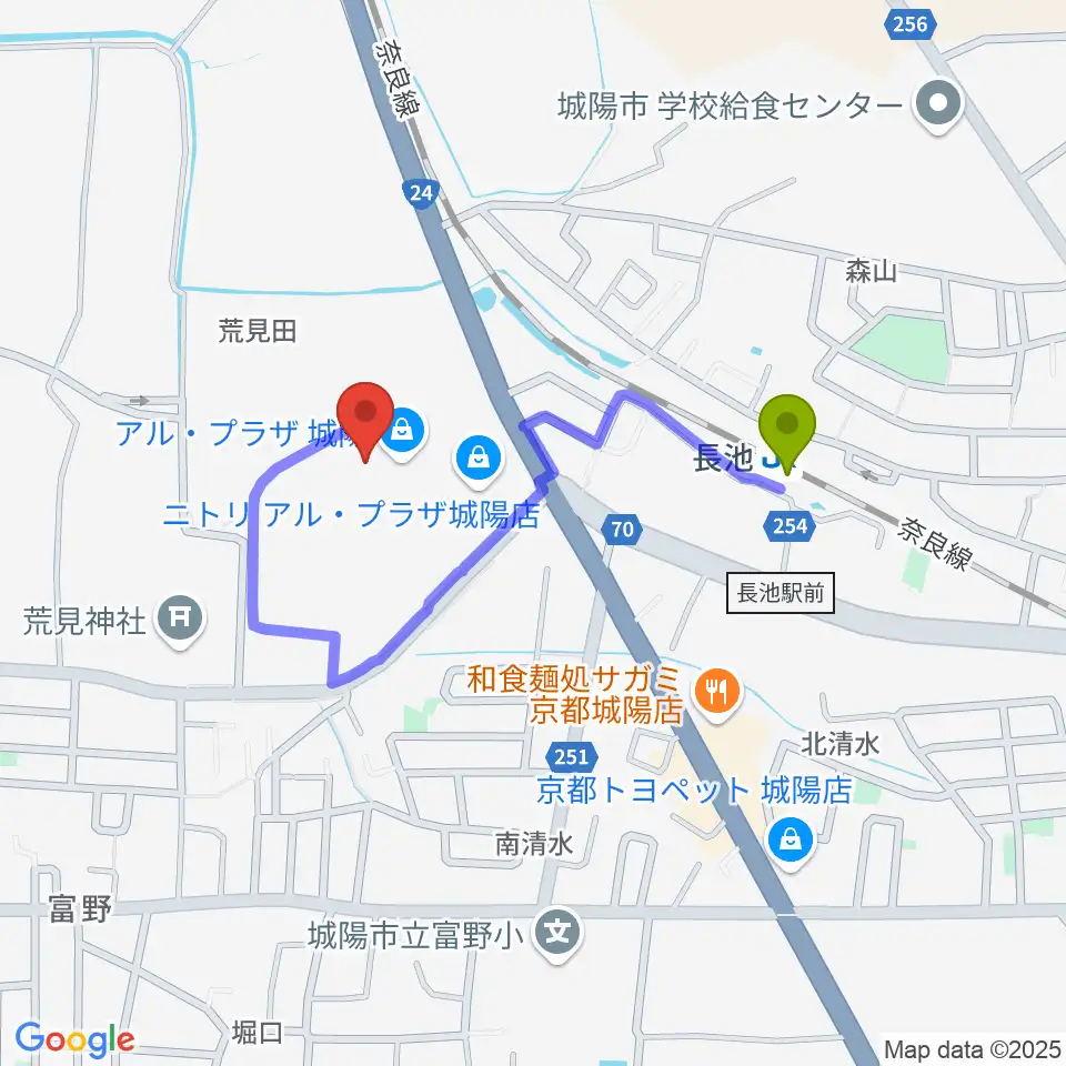 JEUGIA アルプラザ城陽センターの最寄駅長池駅からの徒歩ルート（約6分）地図