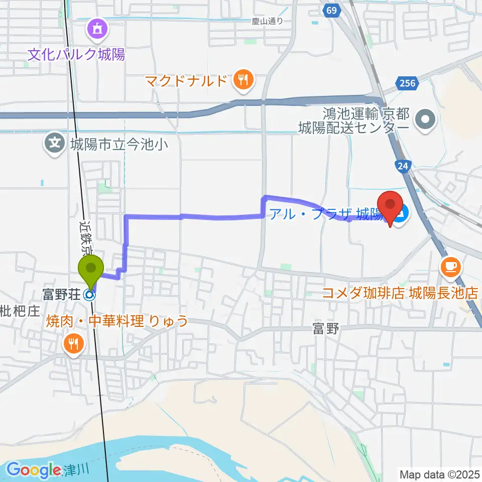 富野荘駅からJEUGIA アルプラザ城陽センターへのルートマップ地図