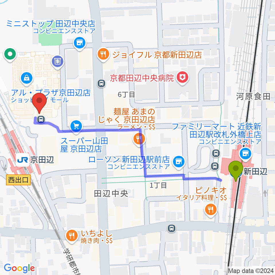 新田辺駅からJEUGIAミュージックセンター アル・プラザ京田辺へのルートマップ地図