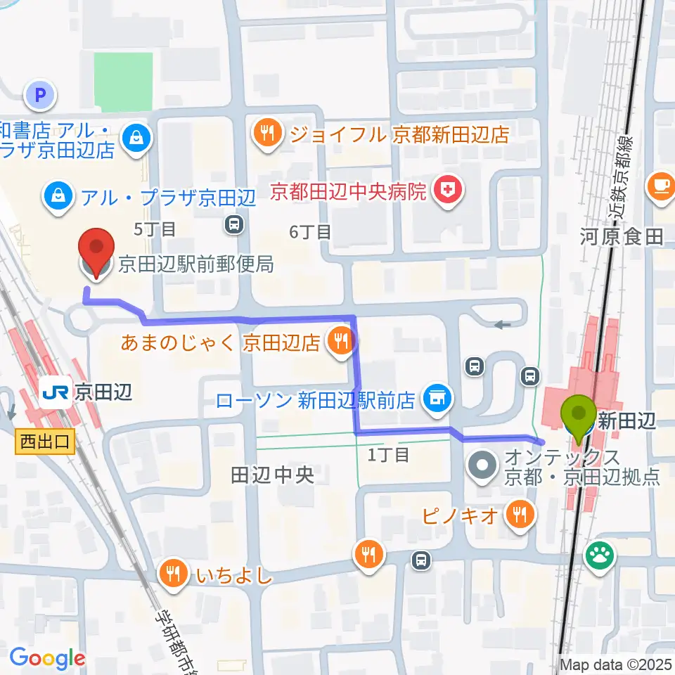 新田辺駅からJEUGIAミュージックセンター アル・プラザ京田辺へのルートマップ地図