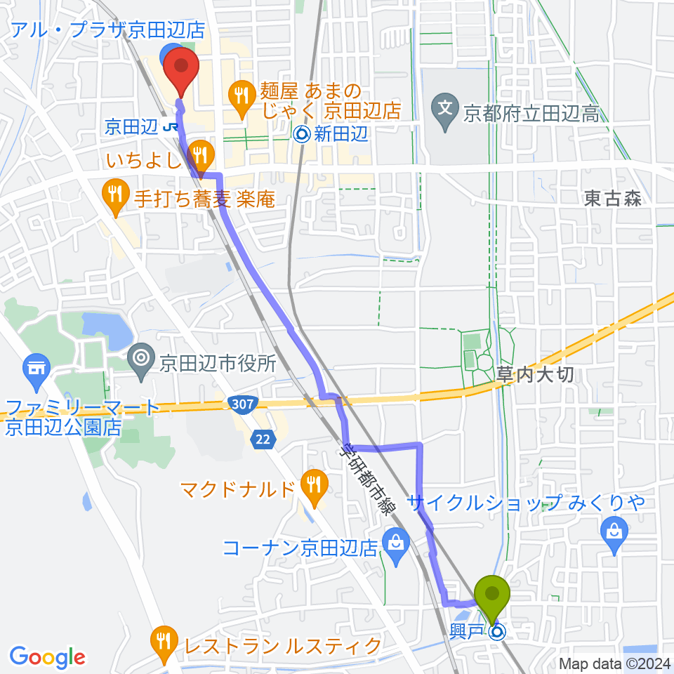興戸駅からJEUGIAミュージックセンター アル・プラザ京田辺へのルートマップ地図