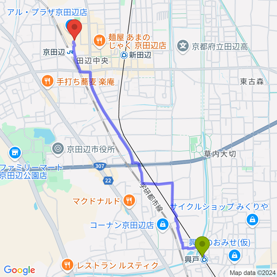 興戸駅からJEUGIAミュージックセンター アル・プラザ京田辺へのルートマップ地図